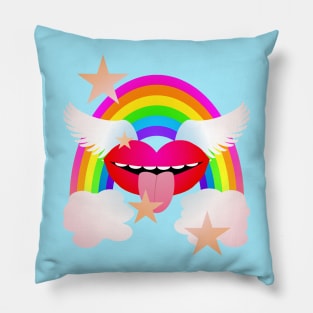 Groovy Winged Lips, Rainbow & Stars - RED Pillow