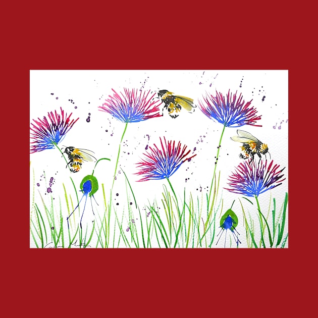 Bumble bees and Blue and Purple Flowers by Casimirasquirkyart