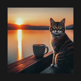 funny cat watching sunset with coffee, funny cats and coffee, cats lover T-Shirt