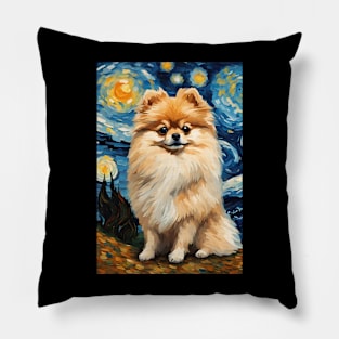 Pomeranian Dog Breed in a Van Gogh Starry Night Art Style Pillow