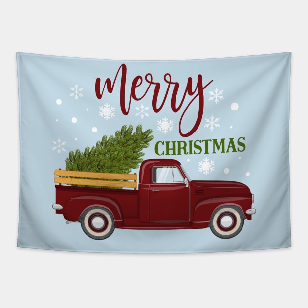 Vintage Red Truck Christmas Tree Tapestry by teevisionshop