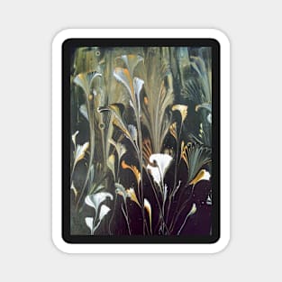 Gold and White Abstract Flowers on Black Magnet