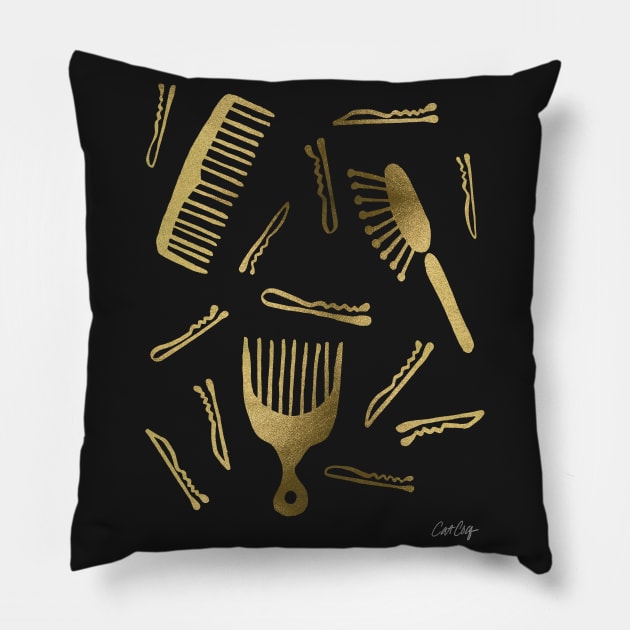 Good Hair Day Gold Pillow by CatCoq