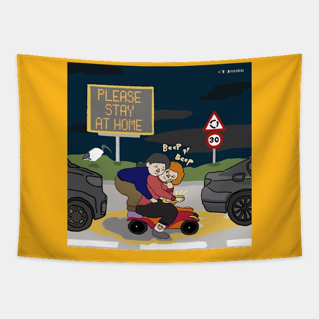 Beep Beep- COVID-19 Stay Home Tapestry by cOLOrushh