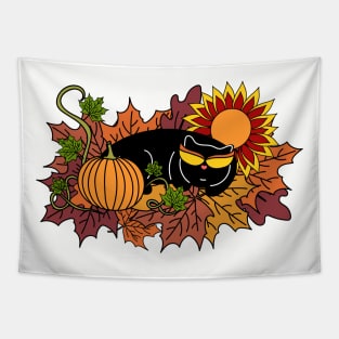 Fall Cat with Autumn Leaves, Sunflower and Pumpkin Tapestry