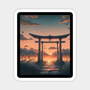 A Japanese Tori Gate view during Sunset - Anime Drawing Magnet