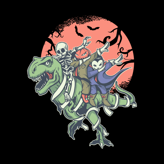 Funny Dabbing Boys Skeleton Pumpkin riding a T Rex by Kribis