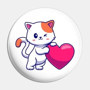 Adorable kitty holding a heart Pin