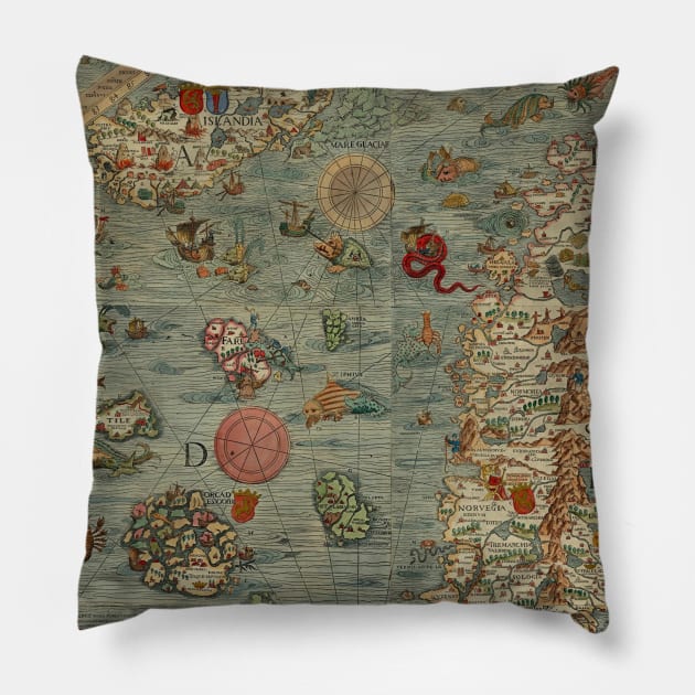 Sea Monsters and Sailing Ships - Old Map Carta Marina Pillow by softbluehum