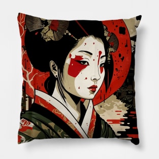 Painting Of A Japanese Dystopia Style Geisha Pillow