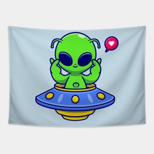 Cute Alien Riding UFO With Love Sign Cartoon Tapestry