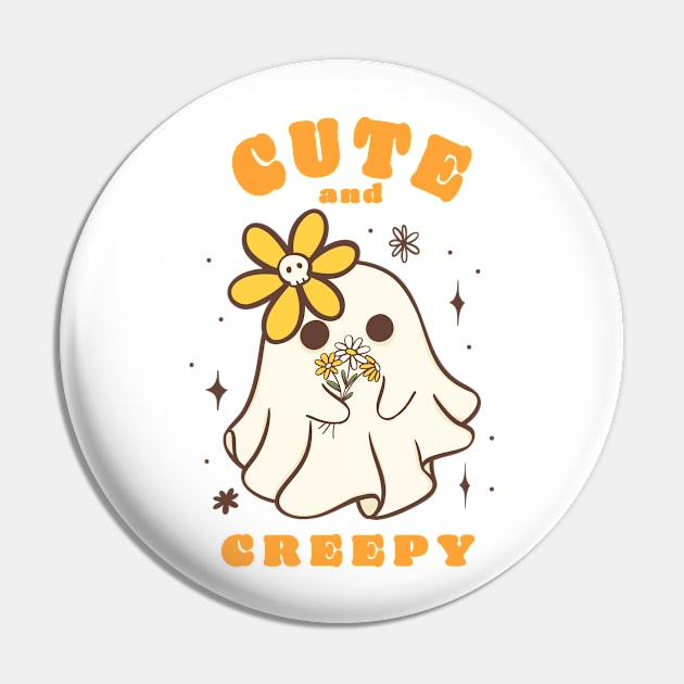 Retro Ghost with Flower - Floral Ghost Kawaii Cartoon Doodle - Unique Tee for Ghost Lovers Pin by Janatshie