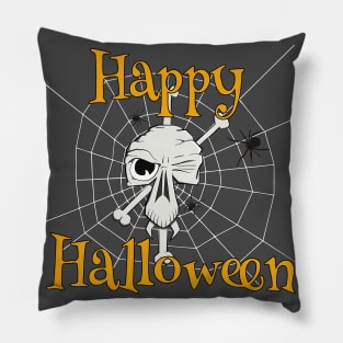 Scary Skull and Cobweb Spiders Happy Halloween Pillow