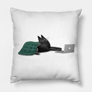 Cartoon funny black cat and laptop Pillow