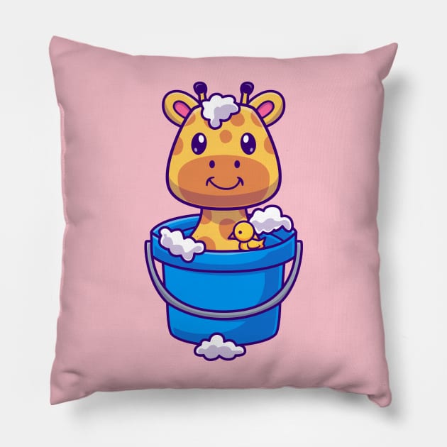 Cute Girrafe Bathing In Bucket With Bubble Cartoon Pillow by Catalyst Labs