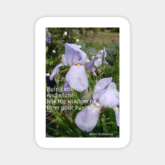 Lavender Iris Flowers in the Garden, Being Still and Silent Lets in the Wisdom - Inspirational Quotes Magnet by SarahRajkotwala