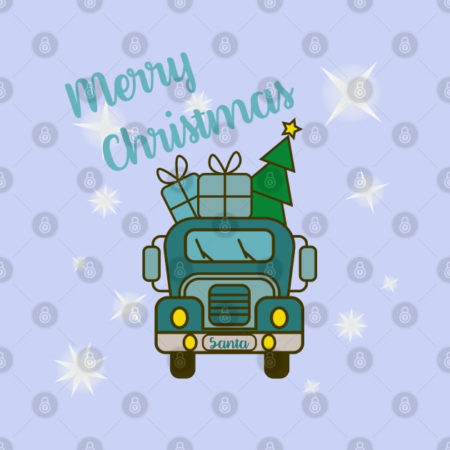 Greeting card with lettering front of blue Santa’s truck, presents and Christmas tree by Cute-Design