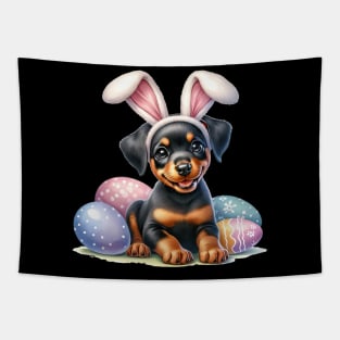 Puppy Doberman Pinscher Bunny Ears Easter Eggs Happy Easter Tapestry