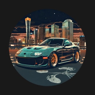 Toyota Supra MKIV inspired car in front of a modern city skyline racing night T-Shirt