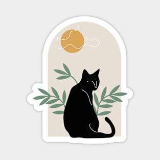 Вoho minimalist black cat with plants and sun Magnet