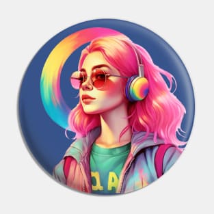 beautiful young girl in headphones with a rainbow Pin