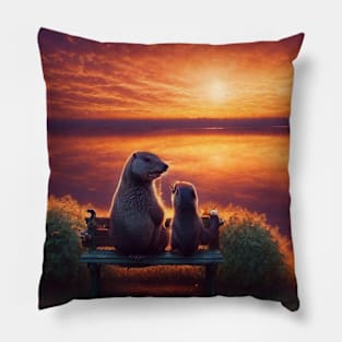 groundhog on park bench watching sunset Pillow