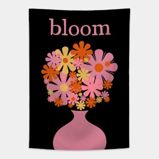 Bloom Retro Flowers in Vase Pink Orange Yellow Black Tapestry