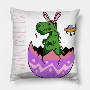 Cute little dinosaur with rabbit ears i want to believe funny joke eat bunny in egg with ufo Pillow