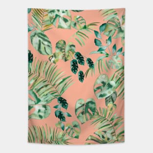 Tropical leaves green coral Tapestry