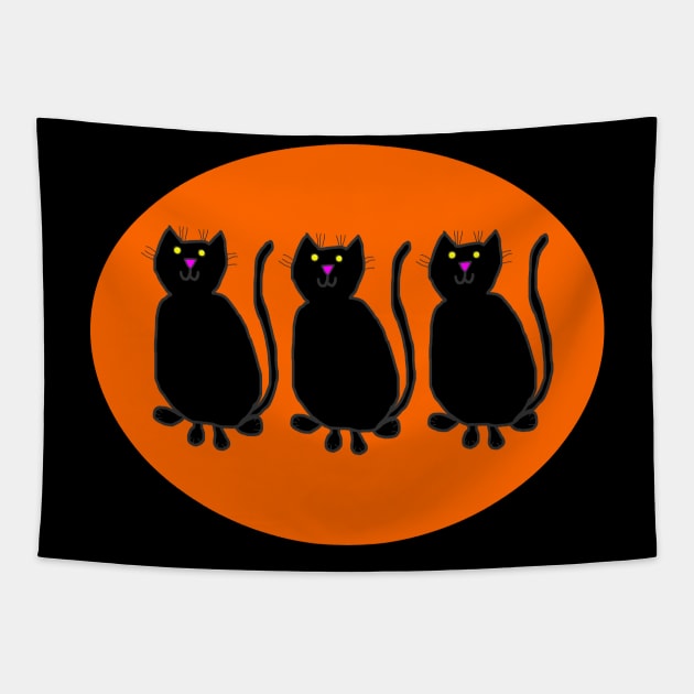 Three Black Cats on Pumpkin Orange Oval Tapestry by ellenhenryart