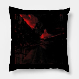 Digital collage and special processing. View from night dreams. City. Red. Pillow