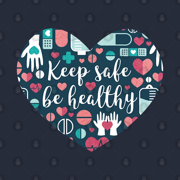 Keep safe be healthy // heart print // navy blue background aqua mint red white and coral medicine elements by SelmaCardoso