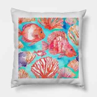 Corals and tropical fish on turquoise watercolor Pillow