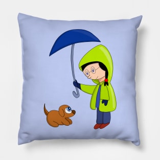 The girl and the dog on a rainy day Pillow