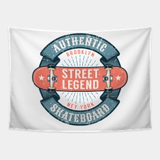 Hipster skateboarding logo with round ribbon and inverted skateboard Tapestry