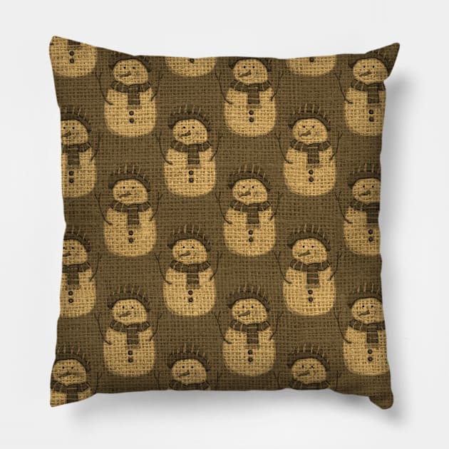 Brown and Cream Christmas Snowmen on Brown Burlap Cloth Pillow by podartist