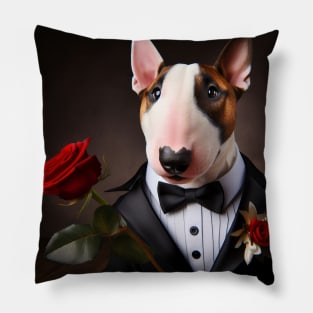Bull terrier dog in formal tuxedo with rose Pillow