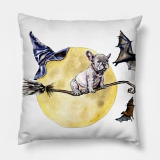 Halloween theme bulldog on a broomstick Pillow