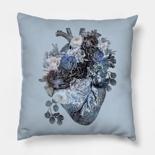 Human heart with blue and white roses, blue navy color Pillow