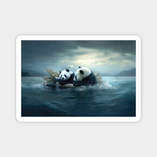 Survival Bonds: Pandas Weathering the Stormy Seas Magnet by MerlinArt