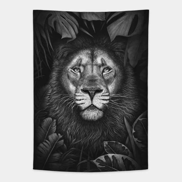 Lion in tropical leaves Tapestry by kodamorkovkart