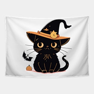 Cute black Halloween kitty in a hat Tapestry
