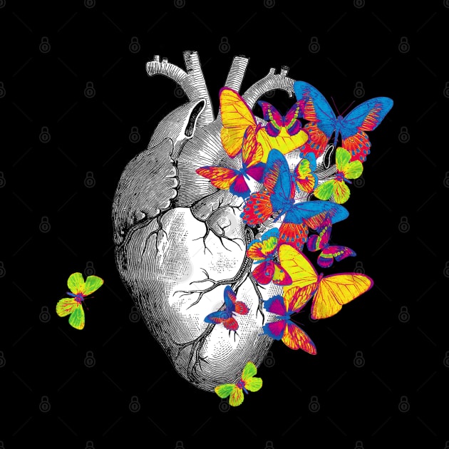 Heart Human Anatomy jellow blue green butterflies by Collagedream