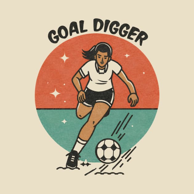 Funny Minimalist Vintage Girl Kicking Football 'Goal Digger' Illustration by Tecnofa