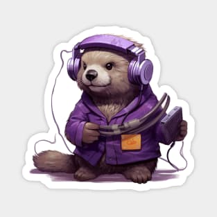 Kawaii otter listen music on the Purple tape cassette with cute face in cartoon style Magnet