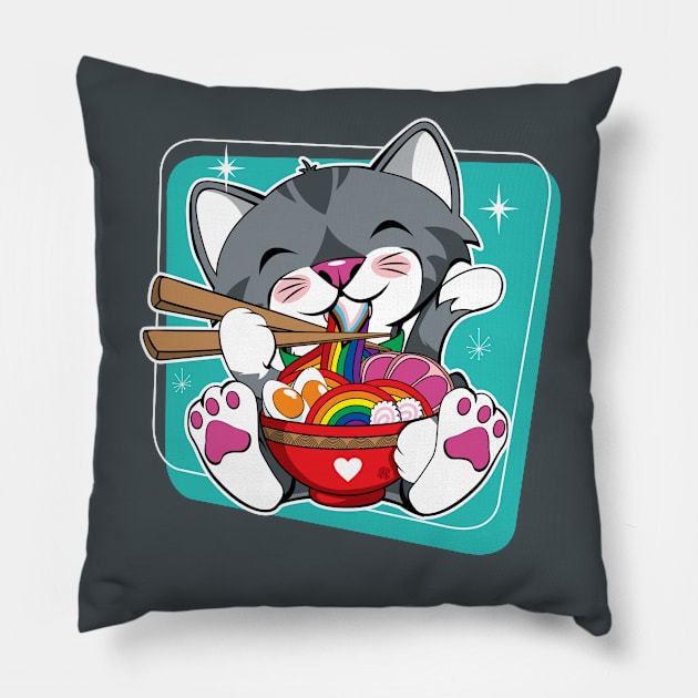 LGBTQ Rainbow Cat Ramen Pillow by CuddleswithCatsArt