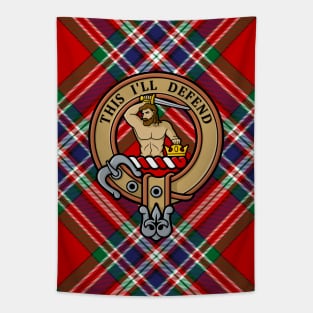 Clan MacFarlane Crest over Red Tartan Tapestry