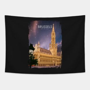 Brussels Belgium Vintage Minimal Retro Travel Poster at Night Tapestry