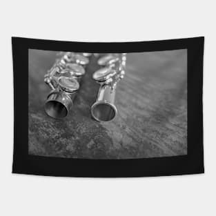 Silver alto flute on a wooden table Tapestry