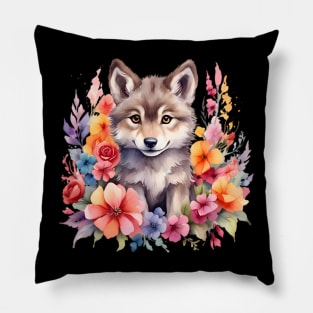 A baby wolf decorated with beautiful watercolor flowers Pillow